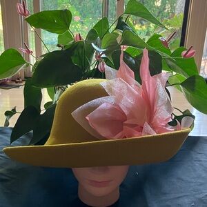 Chic Yellow Mustard Wool Hat with Pink Flower Accent